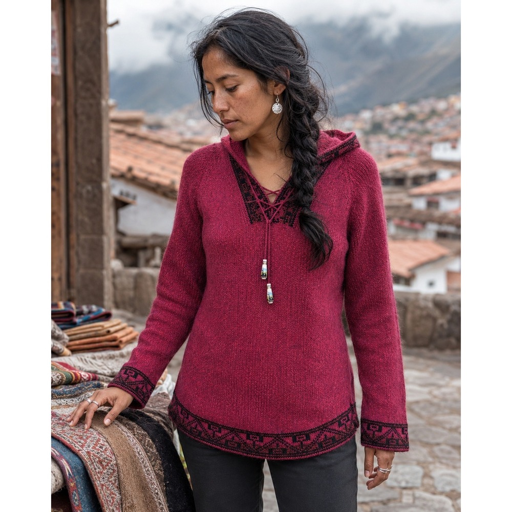 May R U Cusco Womens S Hoodie Sweater Peru Red Alpaca 100 Boho Tassel Llama
